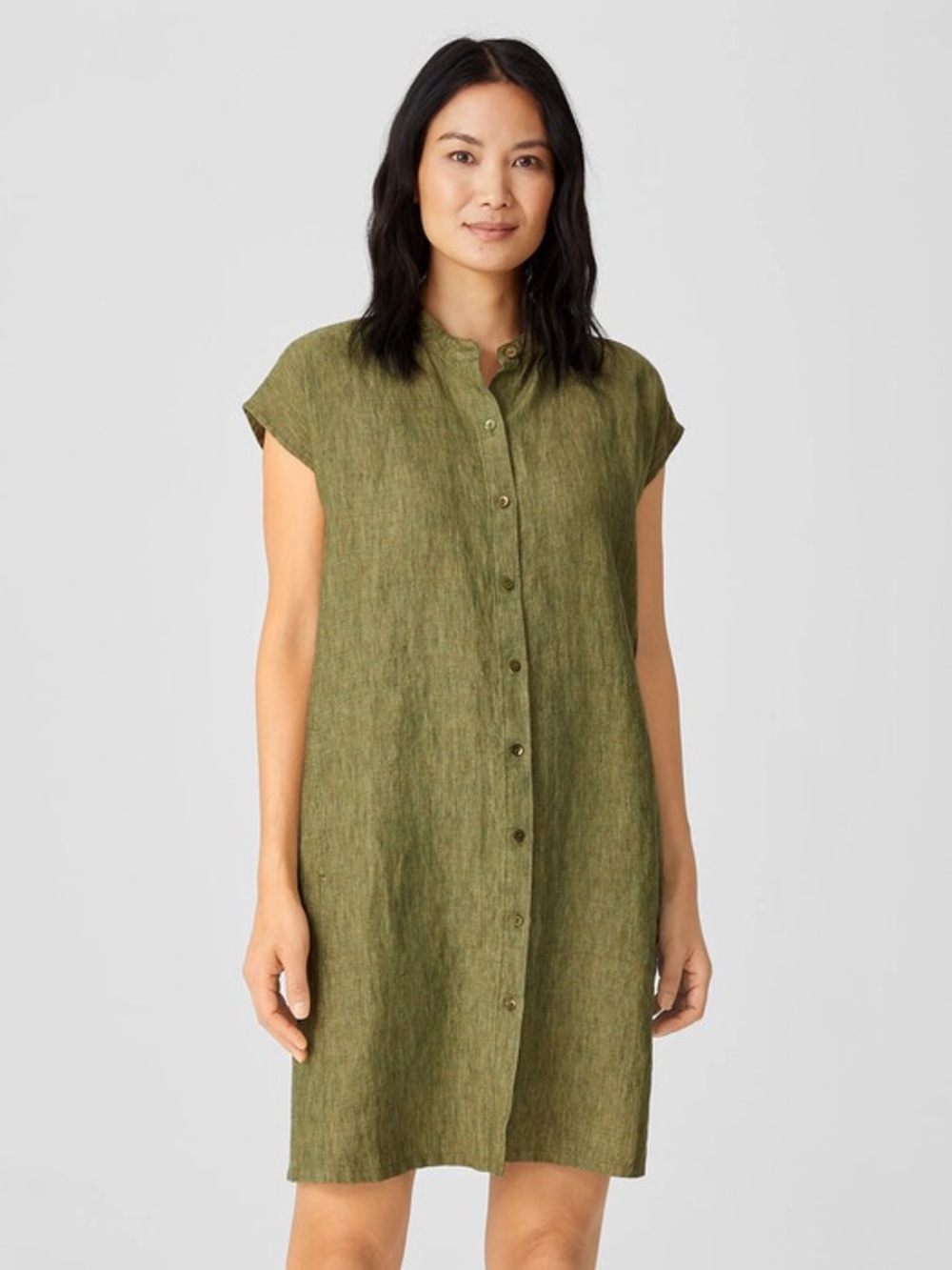 Eileen Fisher Olive Washed Organic Linen Delave Shirtdress Large